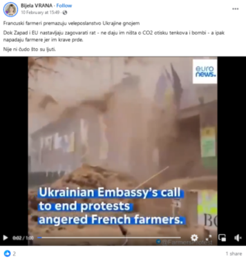 Slika od Snimka ne prikazuje francuske poljoprivrednike koji bacaju gnojivo na Veleposlanstvo Ukrajine