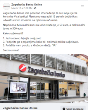 Slika od Zagrebačka banka ne nagrađuje korisnike Facebooka s udvostručenim iznosima na računu