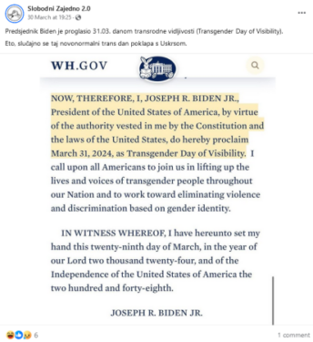 Slika od Biden nije proglasio Dan vidljivosti transrodnih osoba kako bi umanjio važnost Uskrsa
