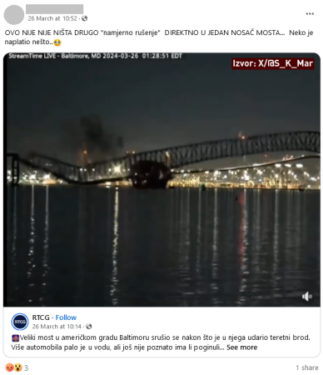 Slika od Nema dokaza da je most u Baltimoreu namjerno srušen