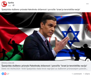Slika od Španjolska se zalaže za priznanje Palestine, ali nisu rekli da je Izrael teroristička nacija