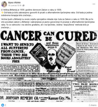 Slika od Britanski zakon iz 1939. ne zabranjuje diskusiju o alternativnom liječenju karcinoma